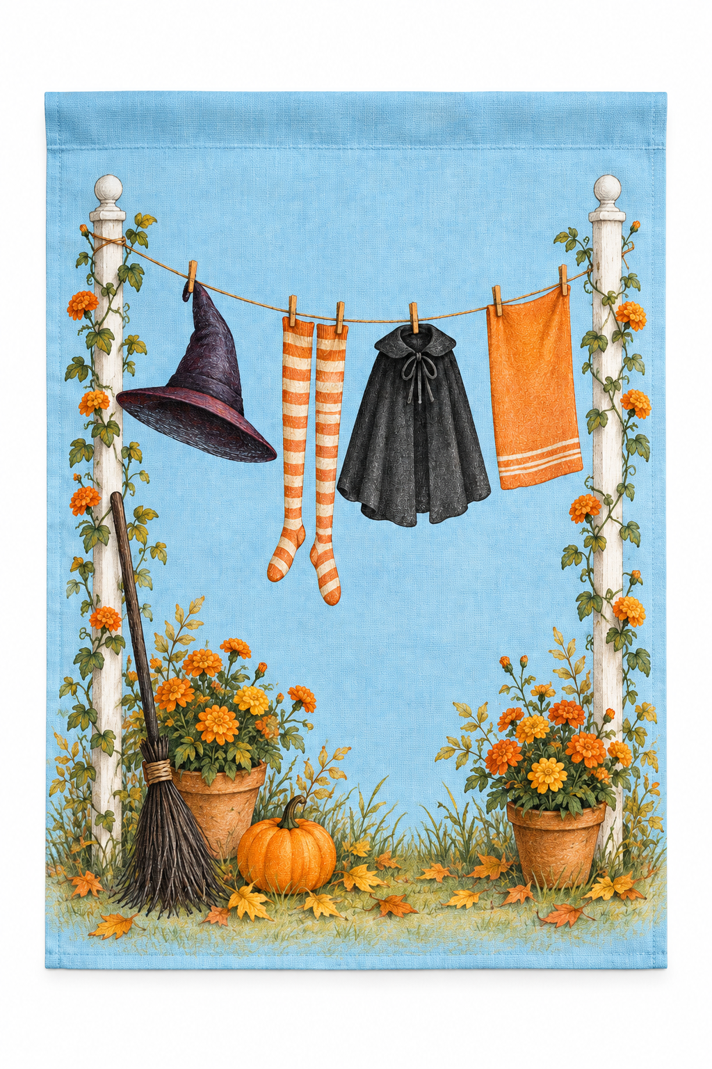 Witch Laundry Line Printed Garden Flag on a white background, showing the complete printed design.