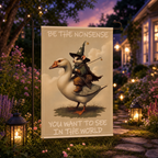 Wizard possum goose garden flag glowing in an evening garden path.