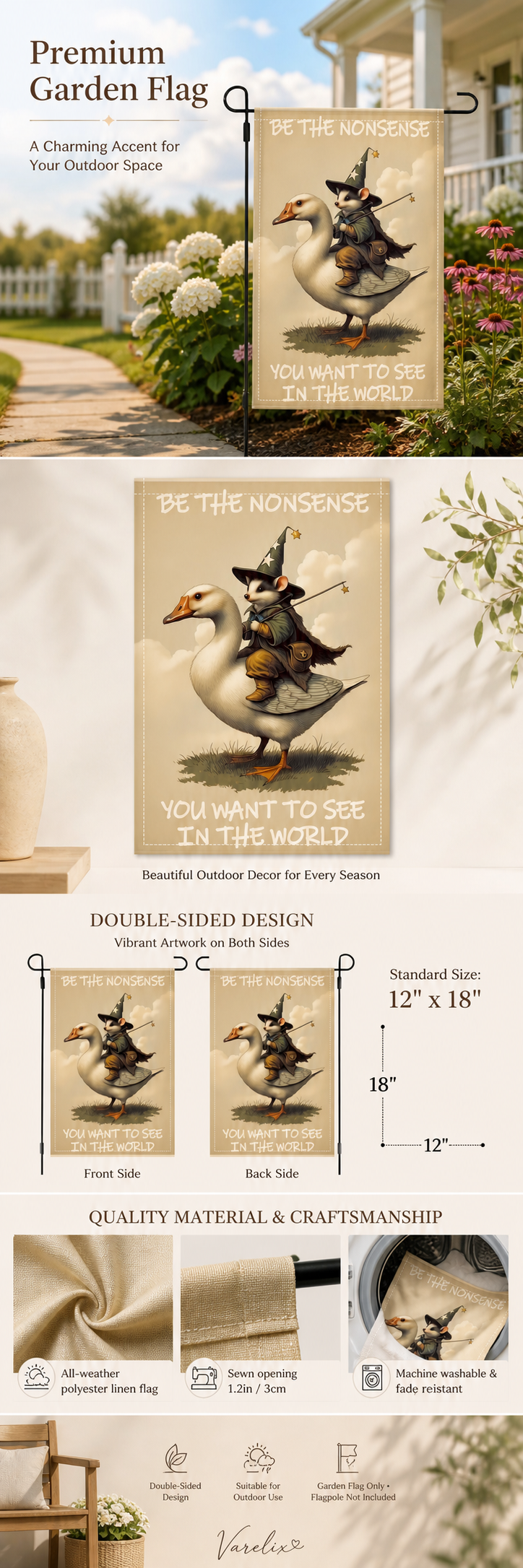 Wizard possum goose garden flag with size and material details.