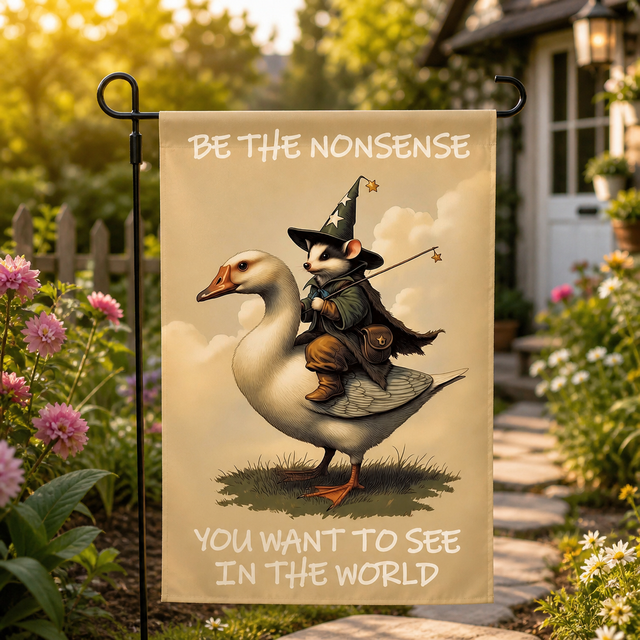 Wizard possum goose garden flag styled in a sunny cottage garden.