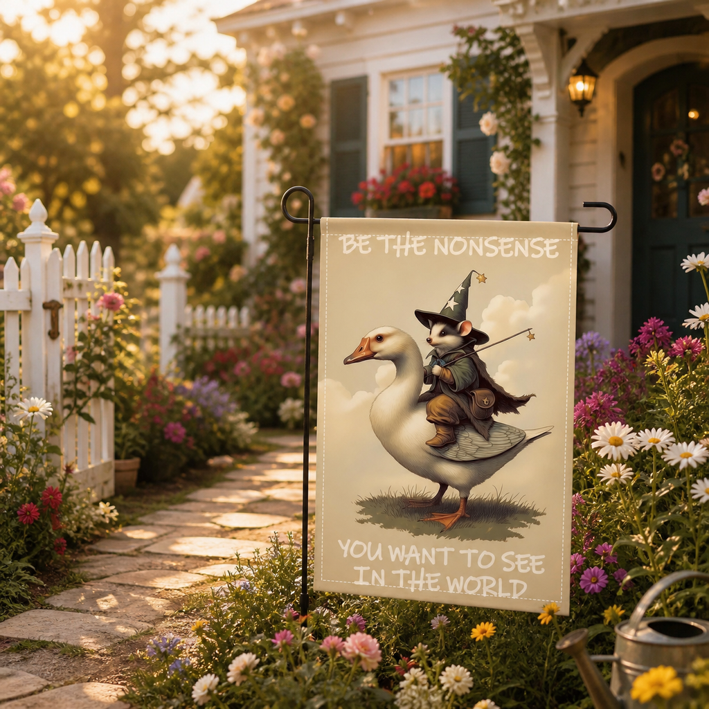 Wizard possum goose garden flag displayed beside a blooming garden pathway.