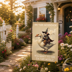 Wizard possum goose garden flag displayed beside a blooming garden pathway.