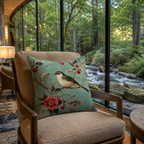 Woodland bird pillow cover styled beside a forest stream window view.