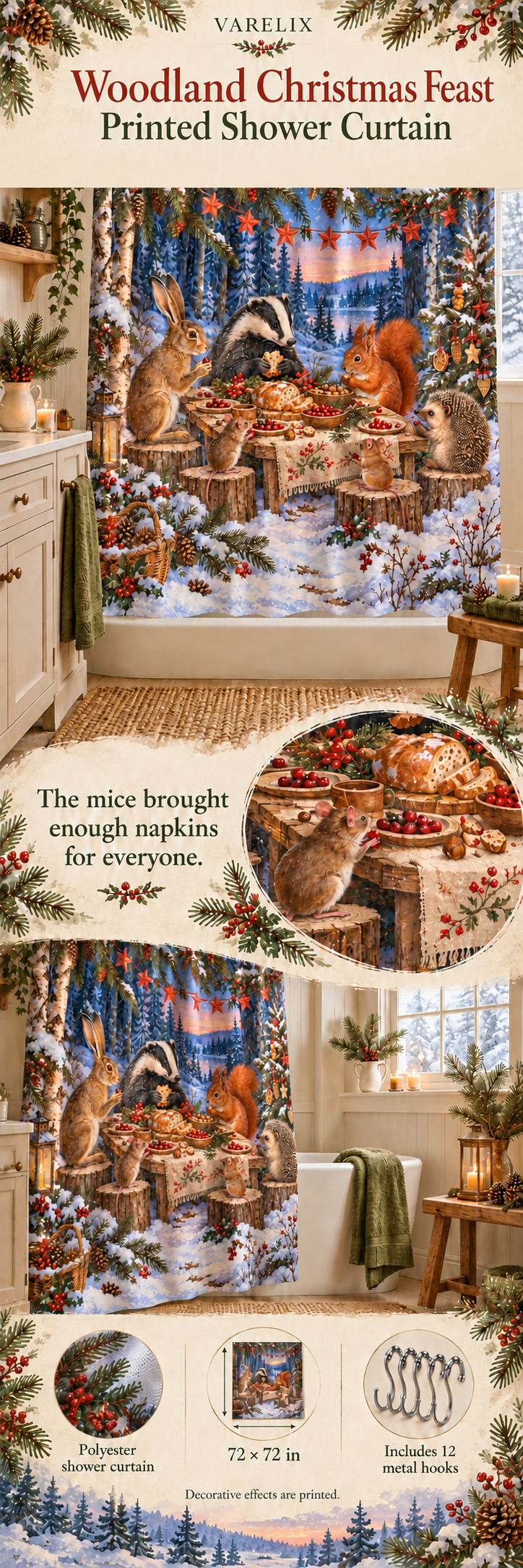 Woodland Christmas Feast Printed Shower Curtain by VARELIX, A+ detail poster with verified material, sizes and included items.