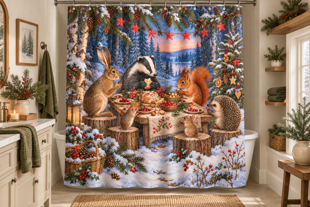 Woodland Christmas Feast Printed Shower Curtain, lifestyle view 1: Curtain fully drawn across a standard tub, nearly frontal view, entire square print readable, top rail and hooks cropped completely OUT OF FRAME; square print readable; no floor-length distortion.