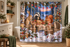 Woodland Christmas Feast Printed Shower Curtain, lifestyle view 2: Three-quarter view of a standard tub and square curtain, upper hardware cropped OUT OF FRAME, full printed motif visible with soft vertical folds, no window or fixture passing through cloth.