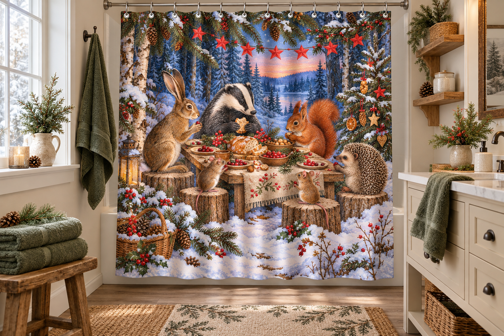 Woodland Christmas Feast Printed Shower Curtain, lifestyle view 3: A bright bathroom with square curtain as the dominant focal wall, medium-wide editorial view, top hardware deliberately cropped OUT OF FRAME, camera at natural eye level.