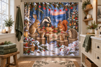 Woodland Christmas Feast Printed Shower Curtain, lifestyle view 3: A bright bathroom with square curtain as the dominant focal wall, medium-wide editorial view, top hardware deliberately cropped OUT OF FRAME, camera at natural eye level.
