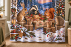 Woodland Christmas Feast Printed Shower Curtain, lifestyle view 4: Closer front-angle bathroom view focused on the full square printed curtain, restrained surroundings, realistic fabric folds without hiding the central design; top hardware cropped OUT OF FRAME.