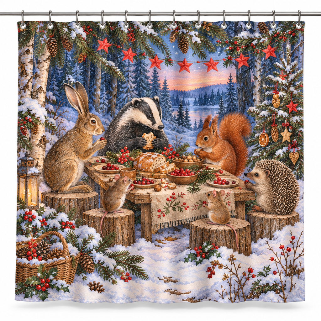 Woodland Christmas Feast Printed Shower Curtain on a white background, showing the complete printed design.
